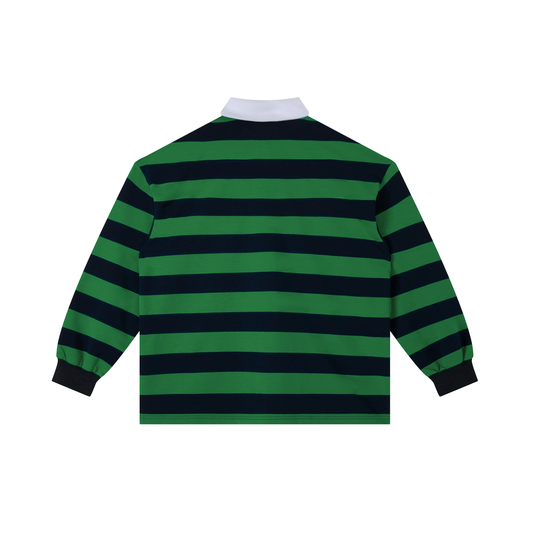 Urbanova- Stripe Polo Shirt in green and navy stripes, showcasing classic crew polo t-shirt style and premium construction.