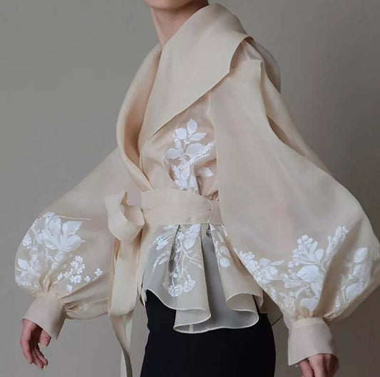 Vintage Embroidered Organza Blouse - Lantern Sleeve Lapel Shirt