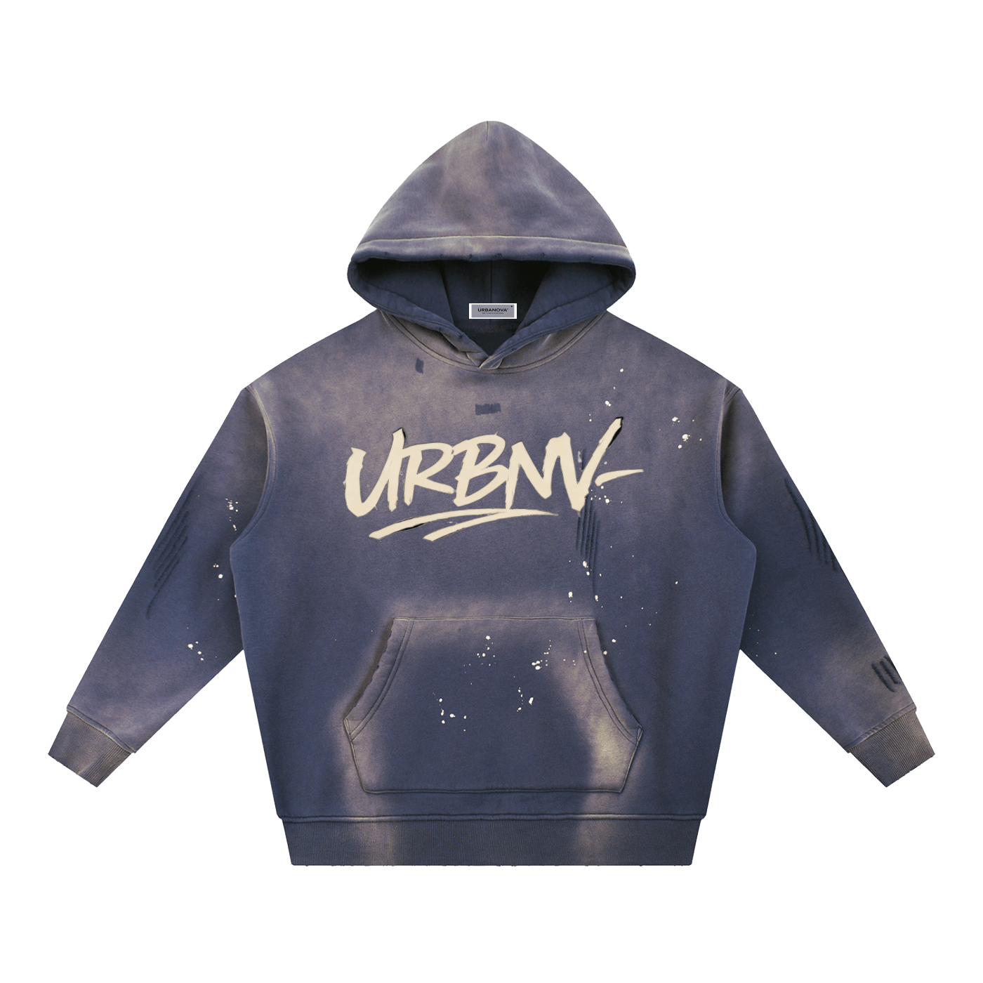 URBANOVA-Acid Washed Fleece Hoodie with urban graffiti design and distressed details.