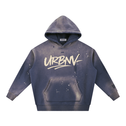 URBANOVA-Acid Washed Fleece Hoodie with urban graffiti design and distressed details.
