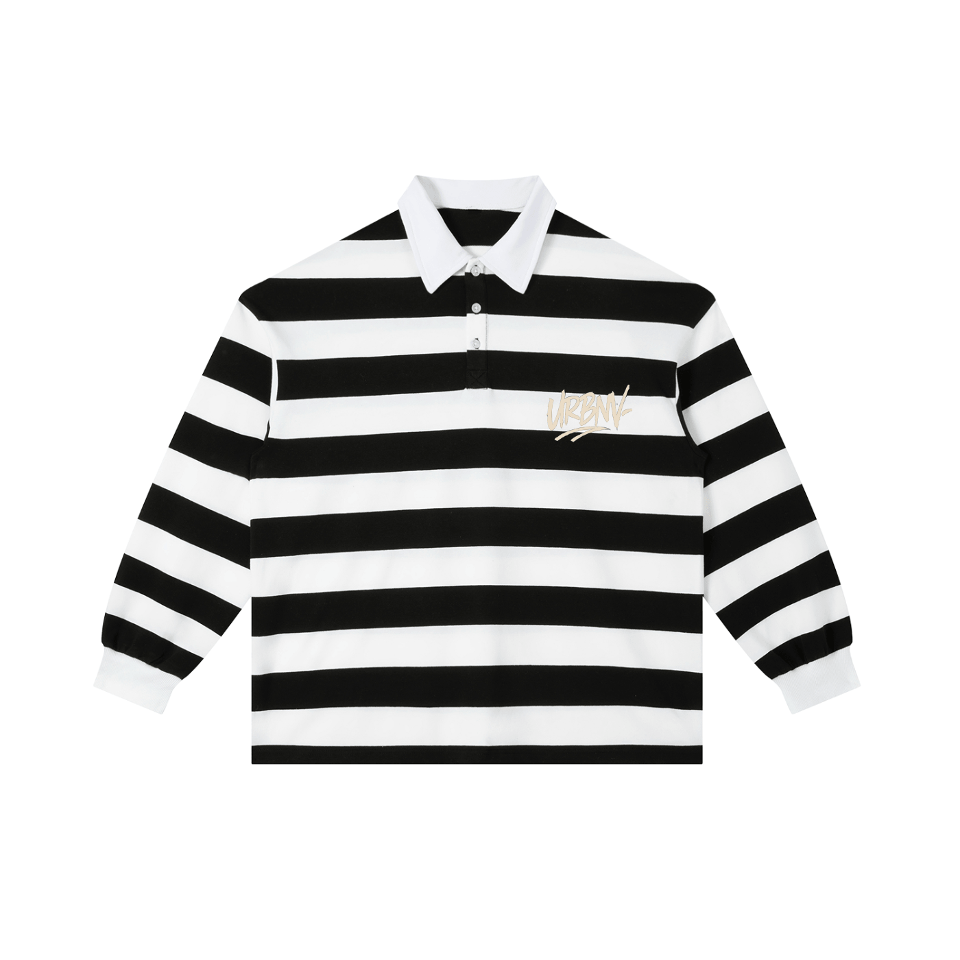 Color Block Stripe Polo Shirt in black and white with long sleeves and collar, featuring a trendy urban design.