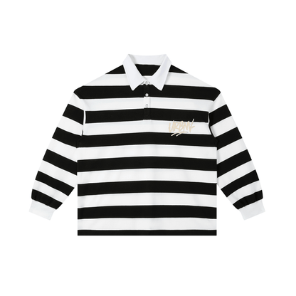 Color Block Stripe Polo Shirt in black and white with long sleeves and collar, featuring a trendy urban design.