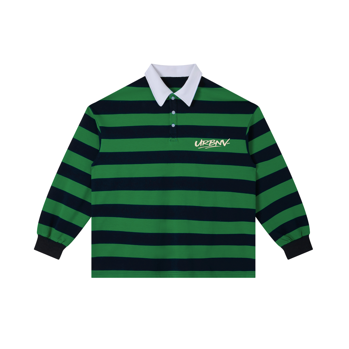 Urbanova- Stripe Polo Shirt in green and navy stripes with white collar and logo for a classic look.