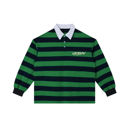Urbanova- Stripe Polo Shirt in green and navy stripes with white collar and logo for a classic look.