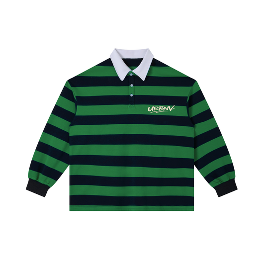Urbanova- Stripe Polo Shirt in green and navy stripes with white collar and logo for a classic look.