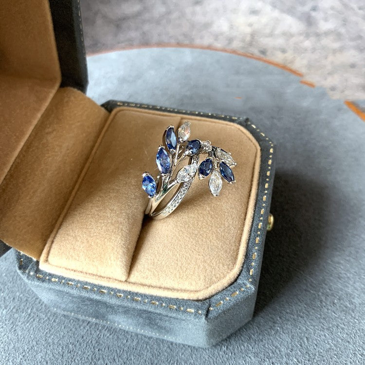 Midnight Bloom Sapphire Crystal Ring – Elegant Leaf Design Statement Jewelry for Women