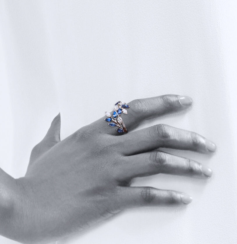 Midnight Bloom Sapphire Crystal Ring – Elegant Leaf Design Statement Jewelry for Women