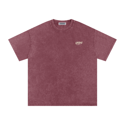 Urbanova-Washed cotton T-Shirt in vintage burgundy color with relaxed oversized fit and snow-wash finish.