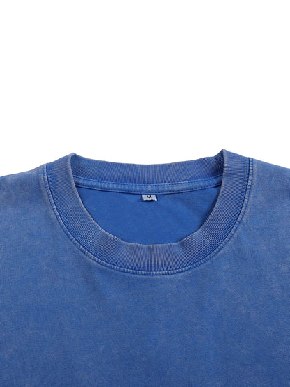 Urbanova-Washed cotton T-Shirt, blue vintage wash oversized tee showcasing relaxed fit and soft cotton fabric.