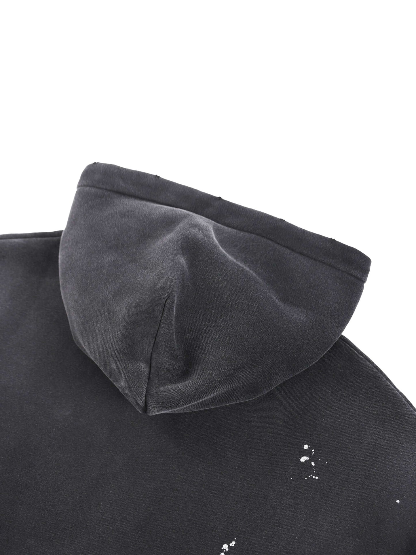 URBANOVA-Acid Washed Fleece Hoodie back view with vintage washed finish and distressed details.