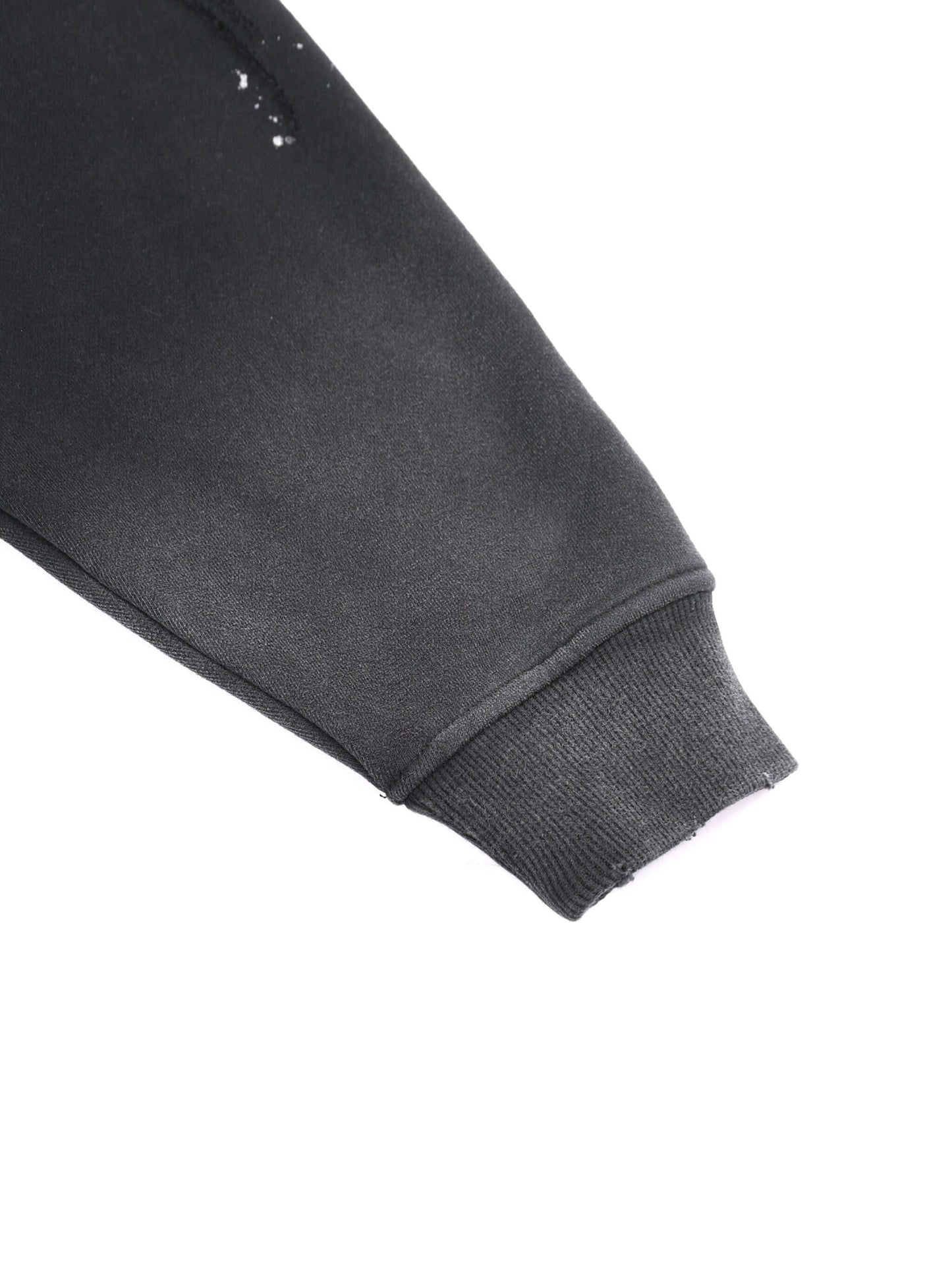 Detail of URBANOVA-Acid Washed Fleece Hoodie sleeve showcasing cotton material and distressed features.