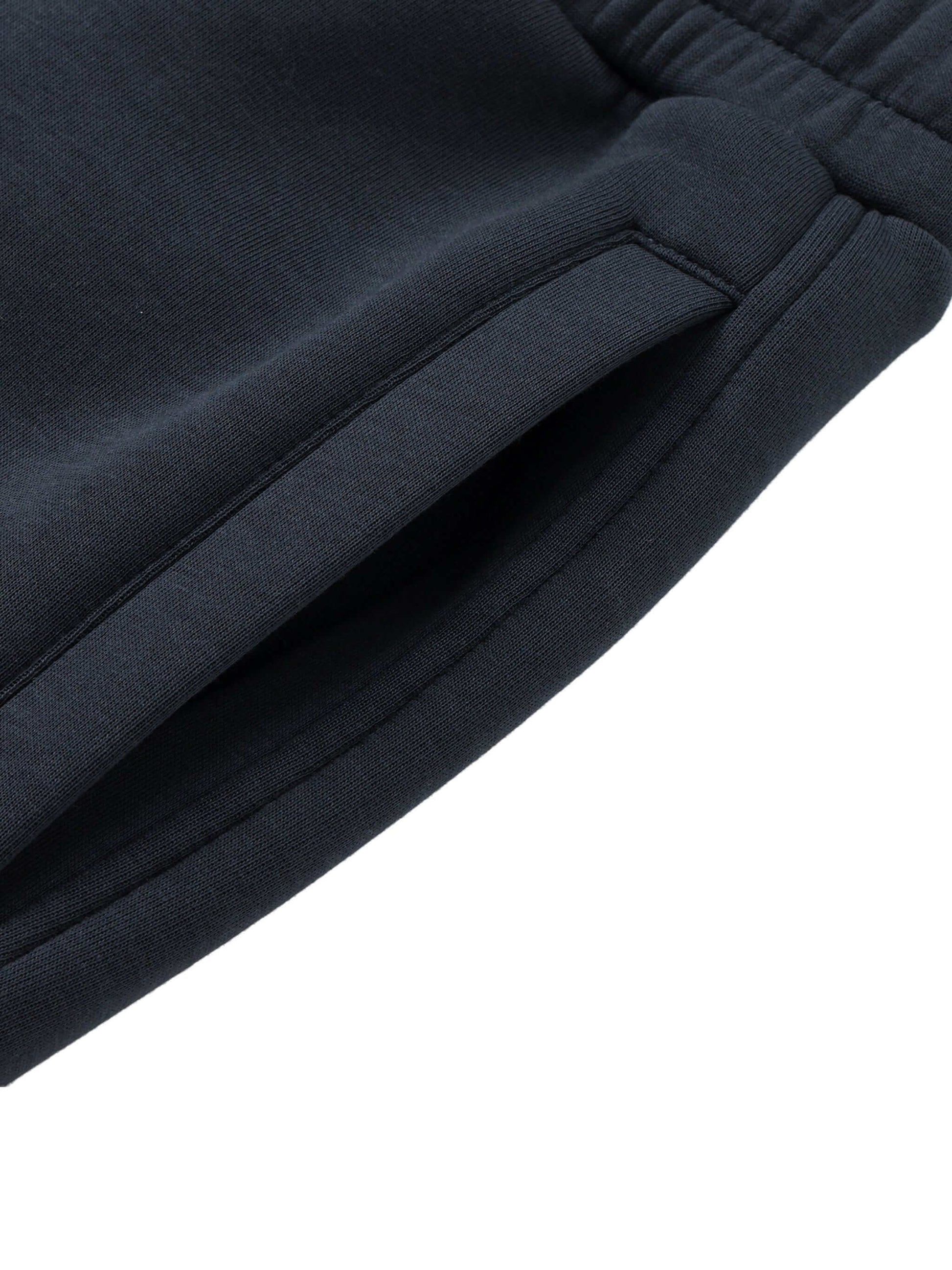 Urbanova Noir Essential Joggers close-up view showing pocket and fabric detail in black color.