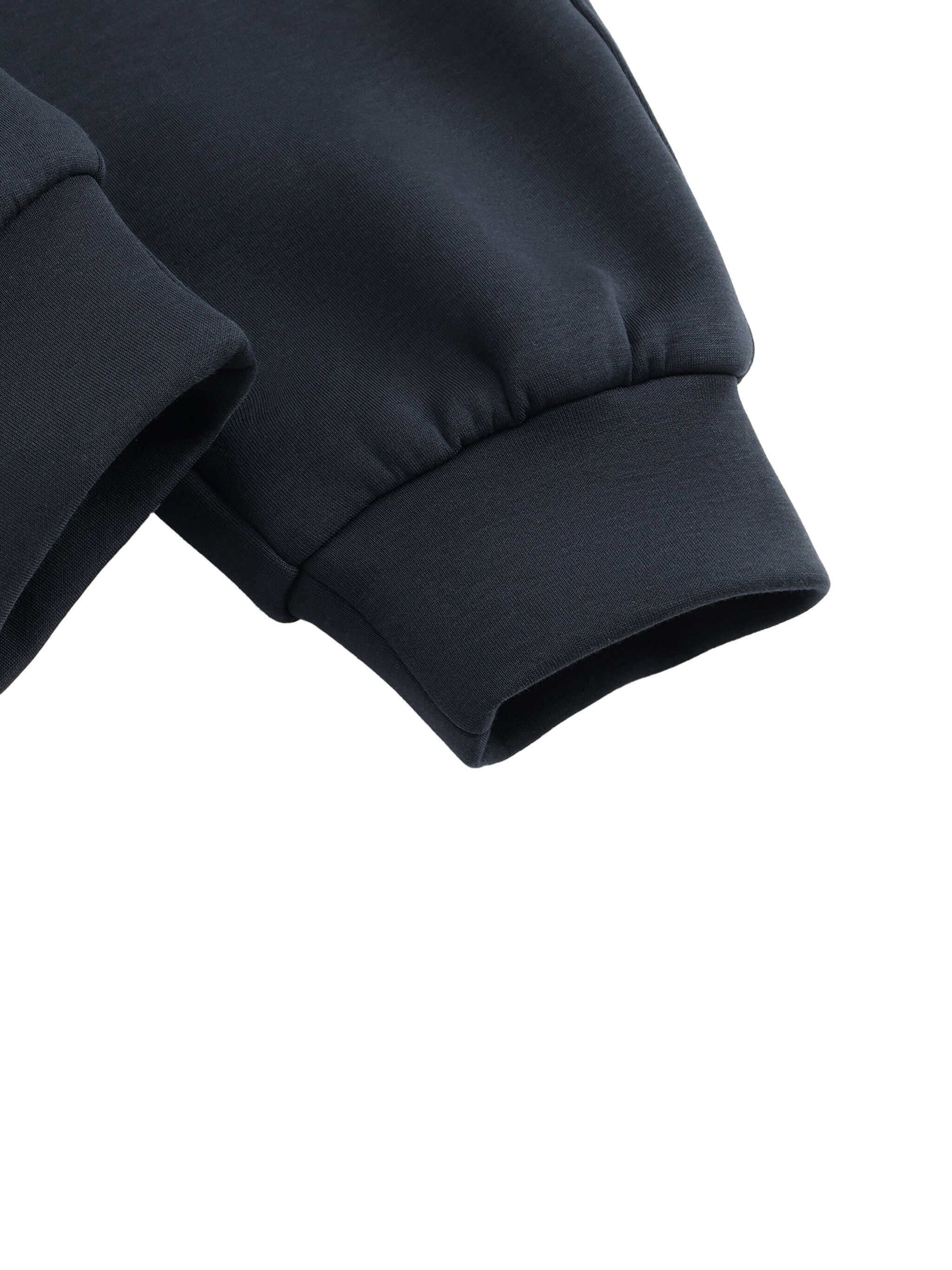 Urbanova Noir Essential Joggers close-up of sleeve cuffs in black fabric showcasing regular fit and premium qualities.