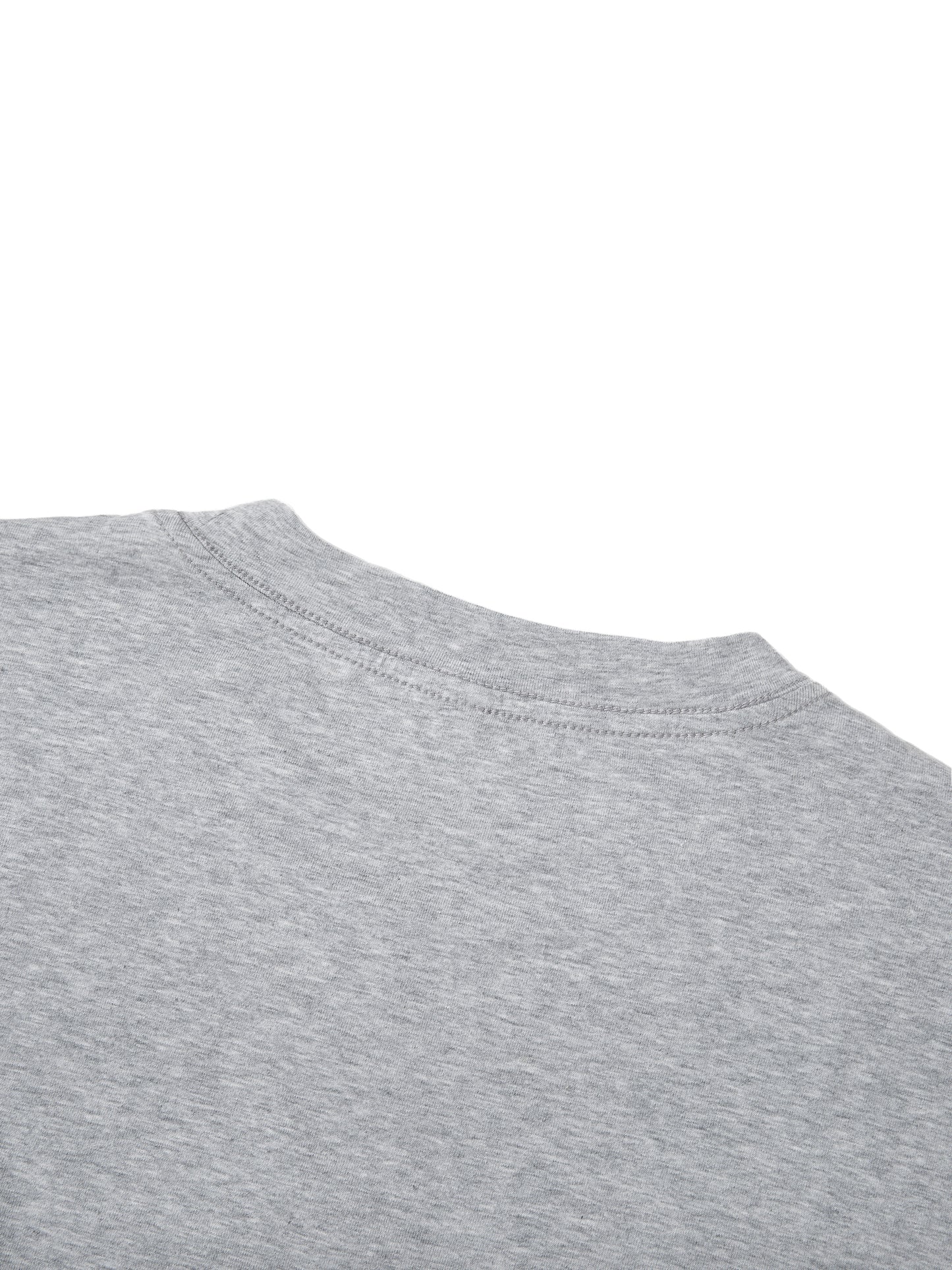 Urbanova Essential Crew Tee showing the back neckline of a soft grey cotton-blend fabric t-shirt.