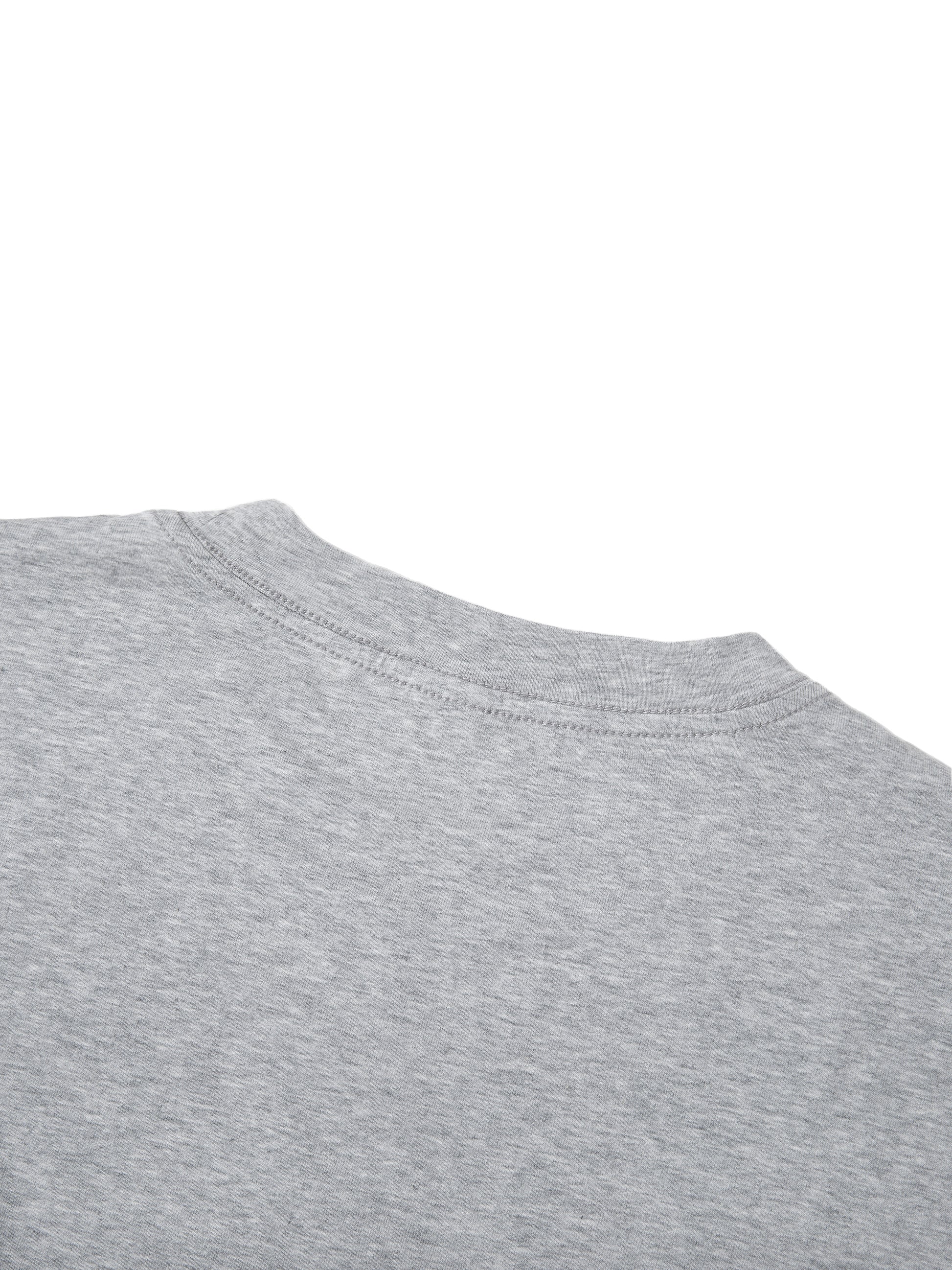 Urbanova Essential Crew Tee showing the back neckline of a soft grey cotton-blend fabric t-shirt.
