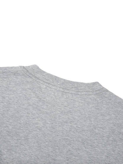 Urbanova Essential Crew Tee showing the back neckline of a soft grey cotton-blend fabric t-shirt.