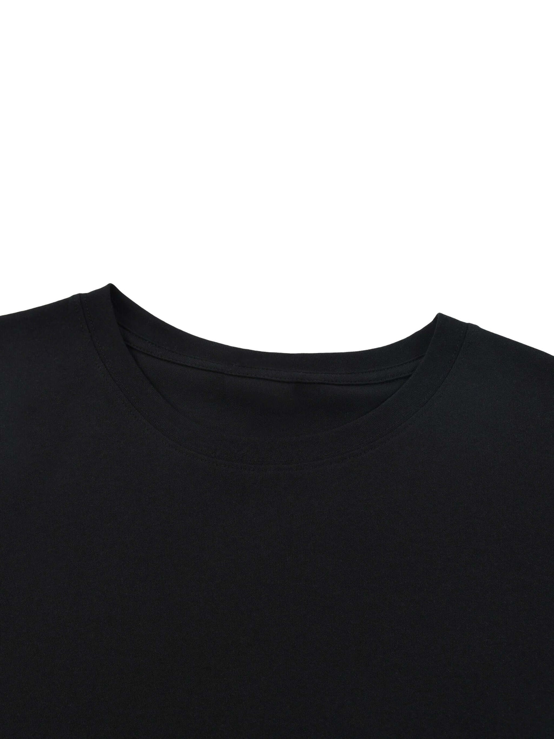 Lightweight Cotton Classic Fit T-Shirt close-up of round neck design in black fabric, showcasing 100% cotton material.