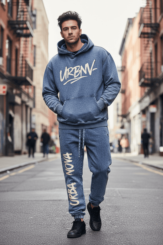 URBANOVA Complete Comfort Set – Hoodie & Jogger Bundle worn by a model on a city street, showcasing streetwear style.