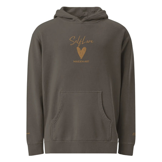 Self Love Unisex pigment-dyed hoodie with Old Gold Embroidery | fashion hoodie
